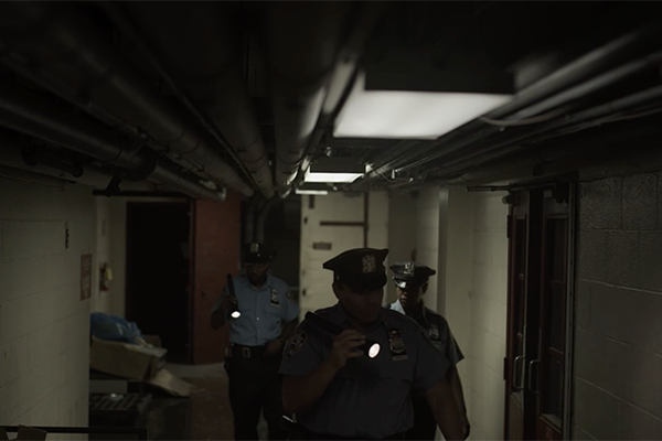 Three police officers with flashlights in a basement hallway