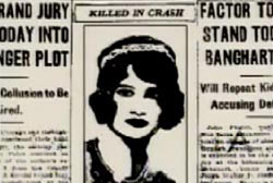 An article from an old newspaper, there is a darwing of Mary underneath the words 'Killed in Crash'