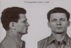 A mug photo of Frank Morris, profile and full face, under the text 'Photograph taken 1950'