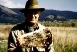A man standing in a large field, holding the imprint of Big Foot's foot print.