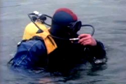 A scuba driver getting a breath of air above the water.