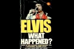 The cover of the book 'Elvis: What Happened'. Elvis is singing into a microphone.