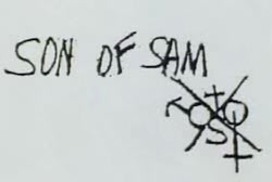 Son of Sam is spelled out and there is a symbol, it is an 'X' with a cross, the symbols for male and female and an 's'