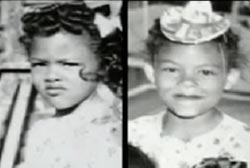 Two childhood photos of the same girl. She is wearing her hair in tight curls and a white dress.