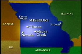A map of Missouri highlighting the locations of three cities: Clinton, Macks Creek, and Nevada.