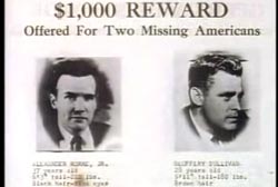 A missing poster for two men with the text: $1000 reward , Offered for Two Missing Americans.