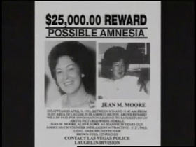 A missing poster for Jean Moore with the text '$25,000 Reward, Possible Amnesia'
