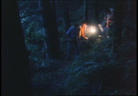 Two men are digging in the forest, a third man is holding a body on his shoulder.