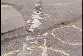 The ground of a parking lot where there are circles painted around the areas where Jodi's belongings where found.