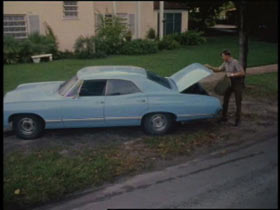 A light blue sedan is parked on the grass next to a sidewalk, a police office is opening the truck.