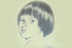 A pencil sketch of a small child with a bow l hair cut, Marlene Santana