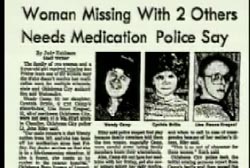 A newspaper clipping with the headline 'Woman missing with two others needs medication police say'