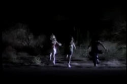 Three figures running away in the dark.