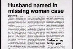 A newspaper clipping with the headline 'Husband named in missing woman case'