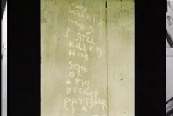 A cryptic message on a sidewalk that reads 'Gary Grant Jr. Lives. I still killed him. son of a pig officer. Payback is a M.F.'
