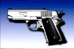 A drawing of a silver and black handgun
