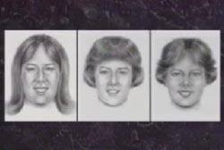 Three police sketches of Little Miss 'P'. One with long hair, one with Medium hair with bangs, and one with hair parted down the middle