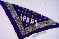 A blue bandana with the letters e s p b s painted on