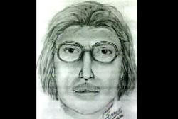 A police sketch of a caucasian man with long hair, glasses, and mustache