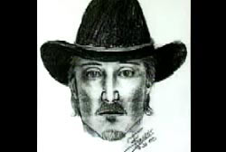 A police sketch of a caucasian man wearing a cowboy hat and sporting a mustache