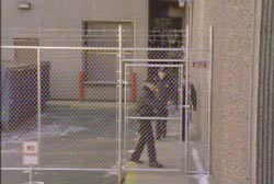 Prison guards behind the fence of a prison