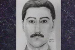 A police sketch of a caucasian man with dark hair, eyes, and a mustache