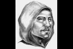 Composite sketch of an African American male with a small mustache wearing a hood