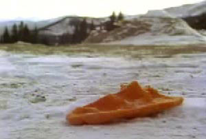 An orange sock in the middle of a snowy field