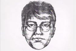 A police sketch of an asian man with wire framed glasses