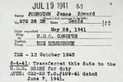 A military transfer document saying that James Edward Johnston will be transfered to the U.S.S. SHARK