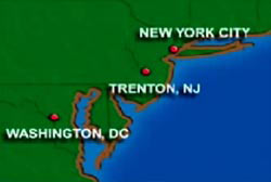 A map of the east coast with points of interest on New York City, Trenton, NJ, and Washington, DC