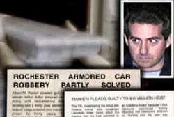 Albert Renieri next to a news article that reads 'Rochester Armored Car Robbery Partly Solved