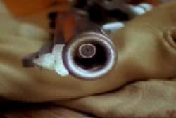 A live lead tip stuck in the barrel of the .44 Magnum revolver