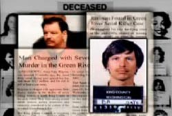 Photos of the green river killer with news articles that read 'Man Charged with several murders in the green river'