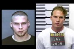 Left: Old mug shot of Jesse with a buzz cut and goatee, Right: Current mug shot of Jesse with blond hair