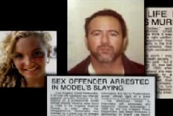 News article with photos of Kim and David that read 'Sex Offender Arrested in Models Slaying