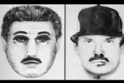 Two police composite sketches of a caucasian male with dark features and a mustache