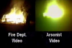 Left: Fire Department video of house on fire, Right: Arsonist's video of house on fire