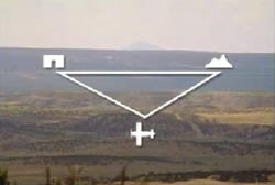 A diagram that forms a triangle of land with the corner being a mountain, an airplane, and a house