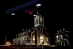 The triangular UFO hovering over the church of a small town