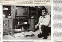 A news article with a photo of Dennis Sant kneeling infrot of a CRT television set