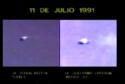 Two frames side by side from seperate home video footage of the unidentified flying object flying over mexico