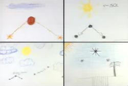 4 drawings in crayon made by school children of the UFO that flew over mexico