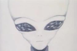 A sketch of a humanoid figure with large cranium, big black eyes, small slits for a nose and tiny mouth. An 'Alien'