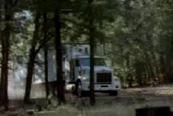 A white semi-truck driving through the woods