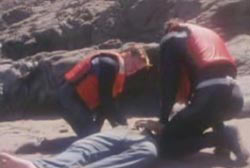 Paramedics attempting to resuscitate Kurt's body at the base of a cliff