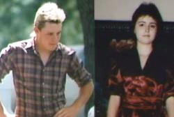 Left: Shane Stewart with blonde mullet, Right: Sally McNelly in a red dress