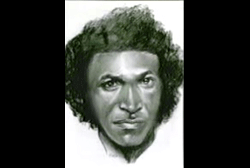 Police sketch of an african american male with long hair and heavy sideburns