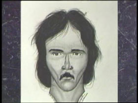 Police sketch of caucasian male with large forehead, long dark hair, and mustache