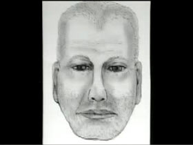 Police sketch of caucasian man with light hair and prominent widows peak